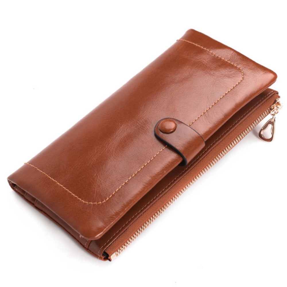 Bi-fold Top-layer Cowhide Leather Women Zipper Wallet Purse Organizer with Card Holder - Brown-1