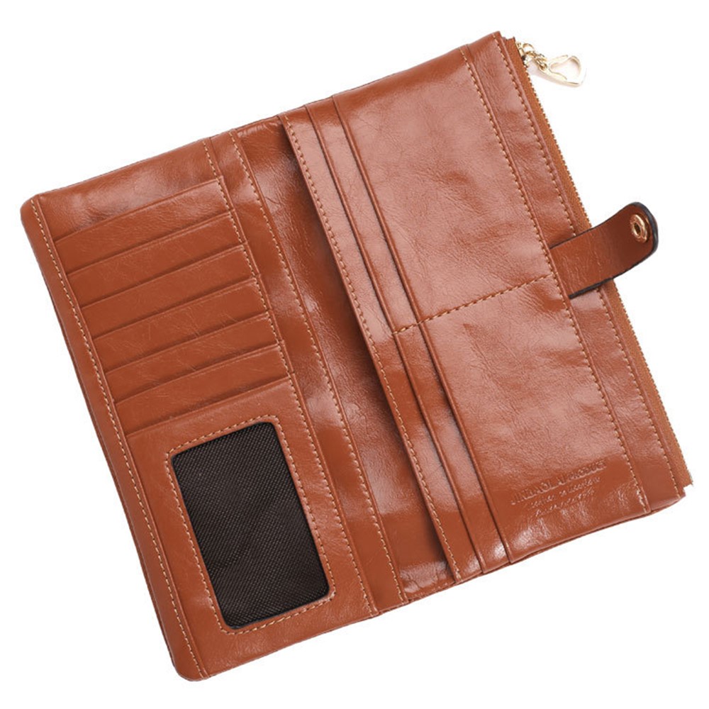Bi-fold Top-layer Cowhide Leather Women Zipper Wallet Purse Organizer with Card Holder - Brown-4
