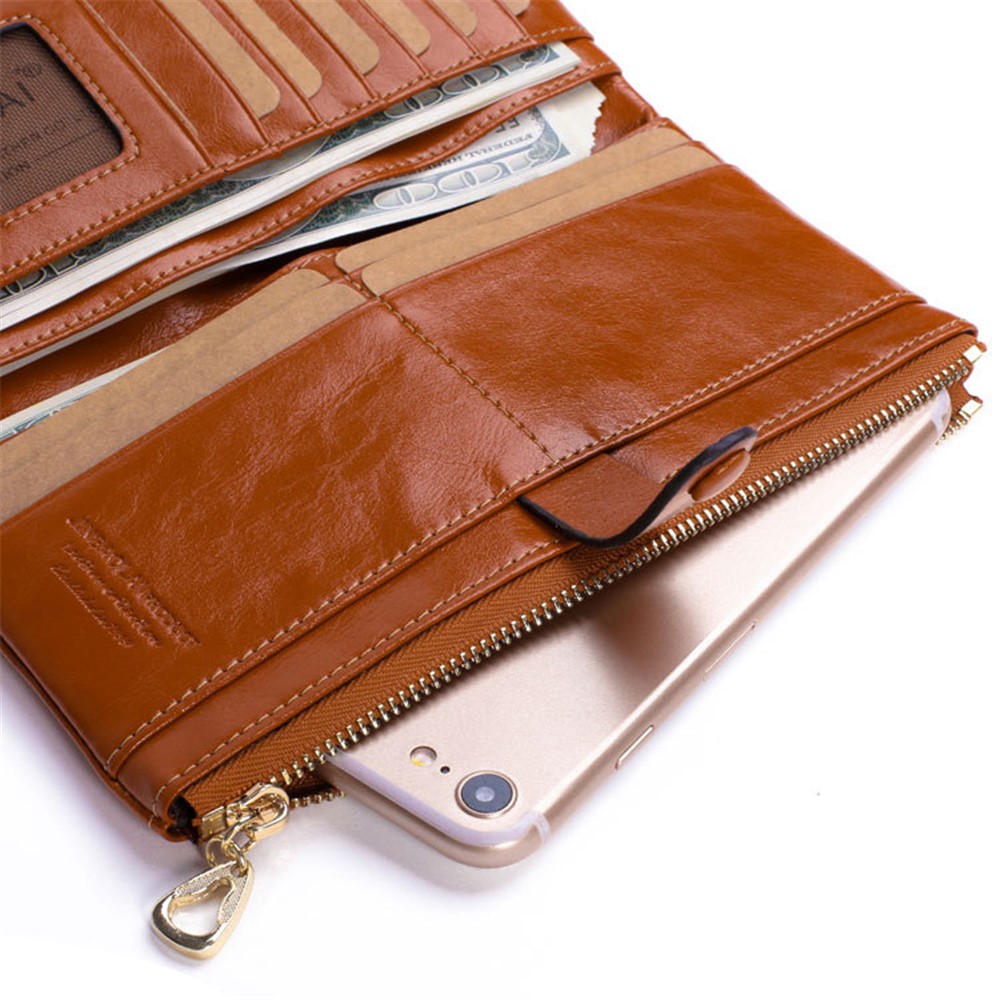 Bi-fold Top-layer Cowhide Leather Women Zipper Wallet Purse Organizer with Card Holder - Brown-6