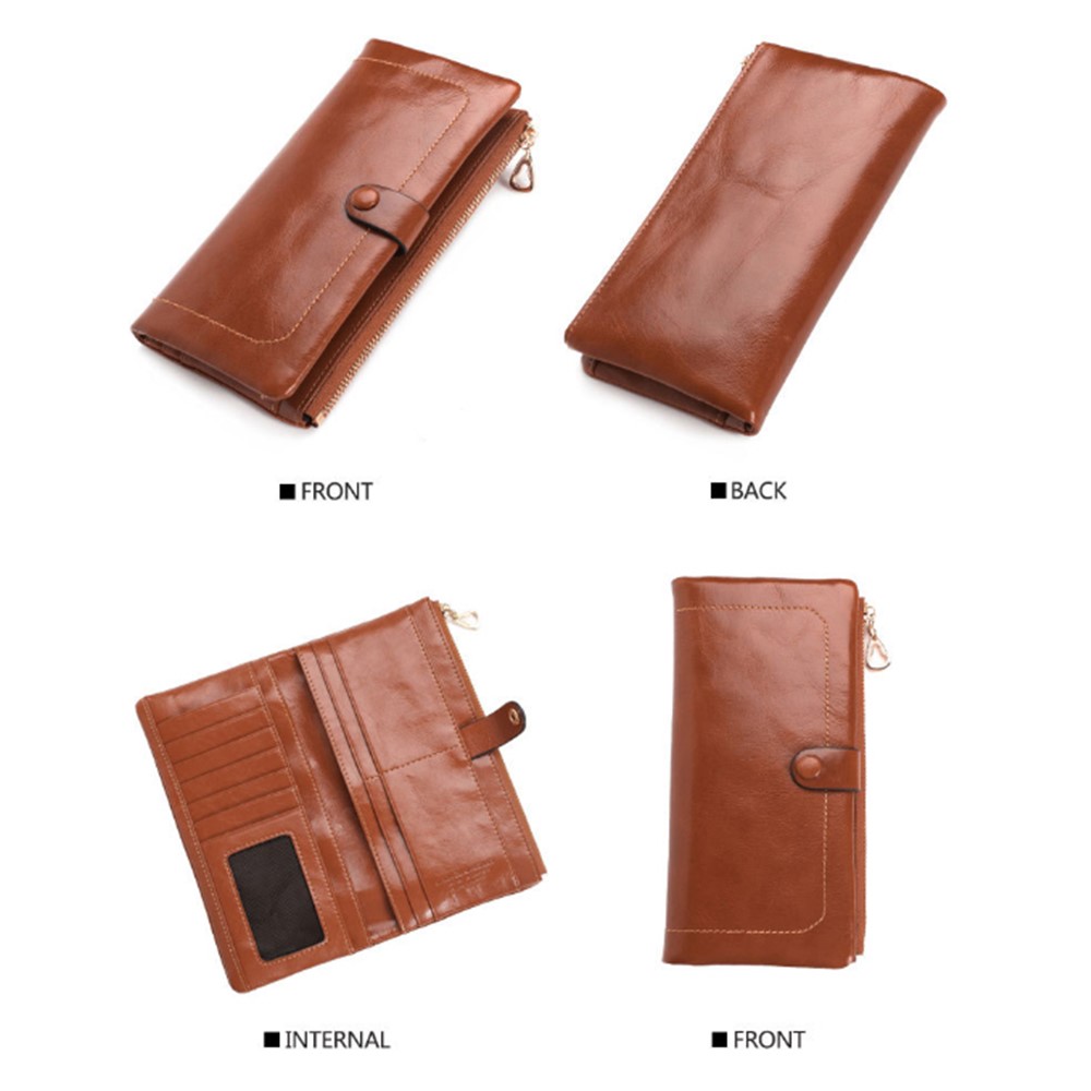 Bi-fold Top-layer Cowhide Leather Women Zipper Wallet Purse Organizer with Card Holder - Brown-9
