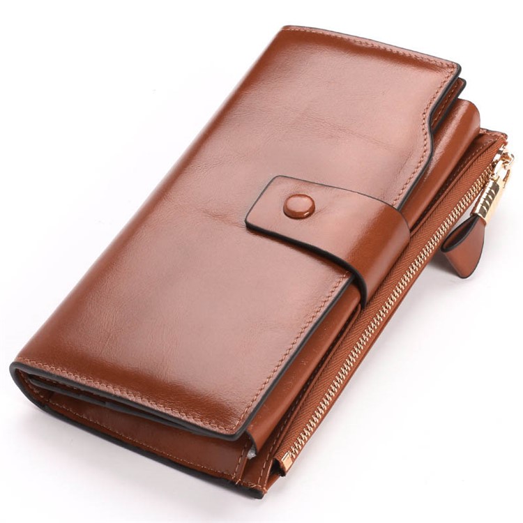 Estilo Retro De Couro De Couro De Camada Superior Tri-fold Carteira Multifunções Slots Zipper Wallet Para Mulheres - Castanho-1