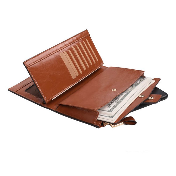 Estilo Retro De Couro De Couro De Camada Superior Tri-fold Carteira Multifunções Slots Zipper Wallet Para Mulheres - Castanho-2