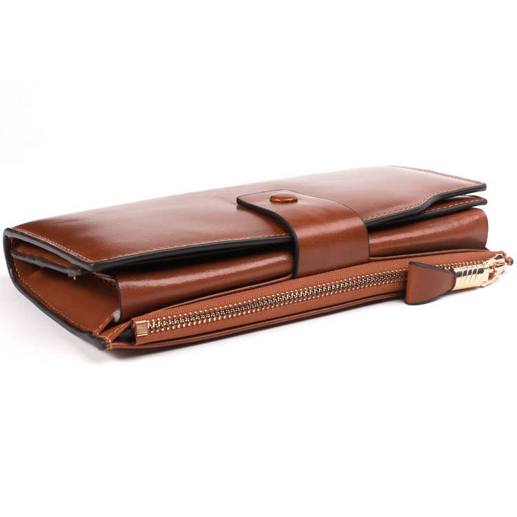 Estilo Retro De Couro De Couro De Camada Superior Tri-fold Carteira Multifunções Slots Zipper Wallet Para Mulheres - Castanho-3