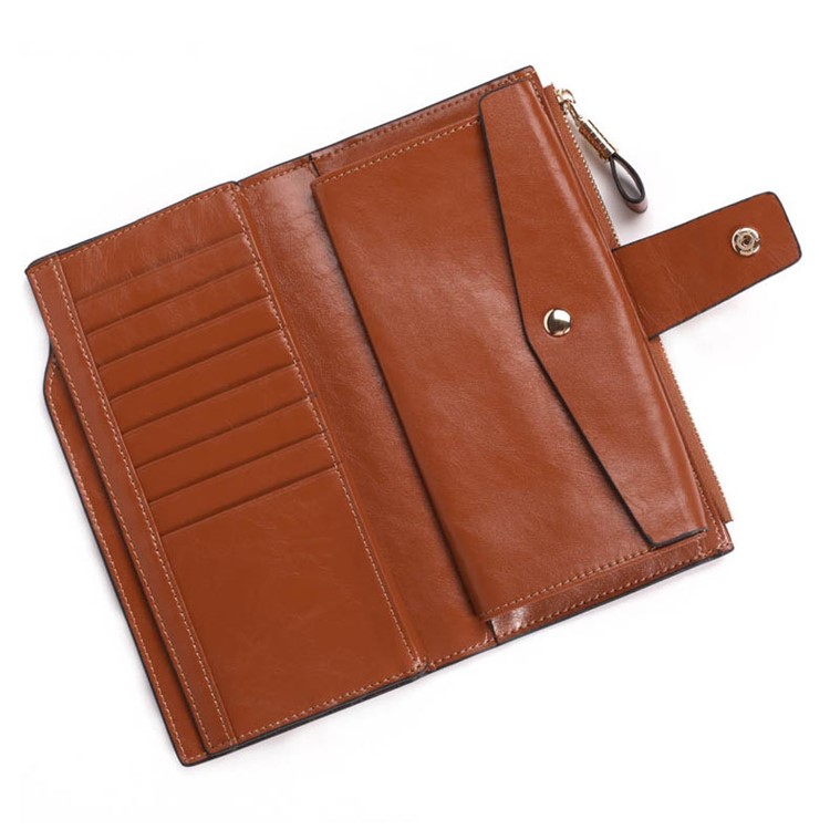 Estilo Retro De Couro De Couro De Camada Superior Tri-fold Carteira Multifunções Slots Zipper Wallet Para Mulheres - Castanho-5