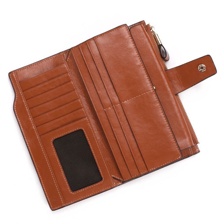 Estilo Retro De Couro De Couro De Camada Superior Tri-fold Carteira Multifunções Slots Zipper Wallet Para Mulheres - Castanho-6