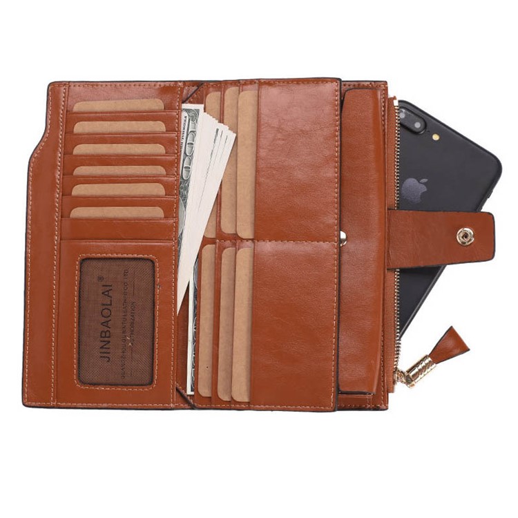 Estilo Retro De Couro De Couro De Camada Superior Tri-fold Carteira Multifunções Slots Zipper Wallet Para Mulheres - Castanho-7