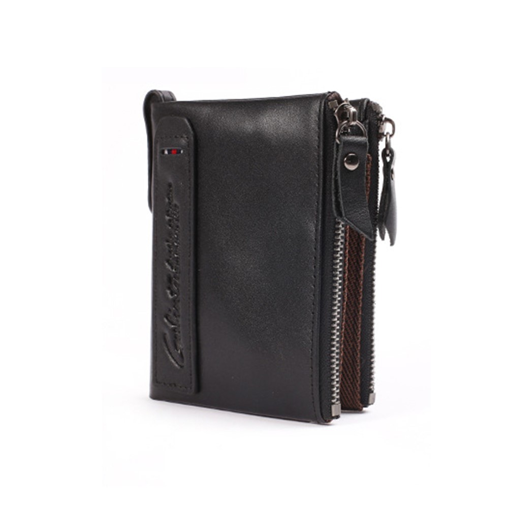 Retro Style Top-layer Cowhide Leather Card Slots Holder Purse Zipper Short Wallet - Black-1