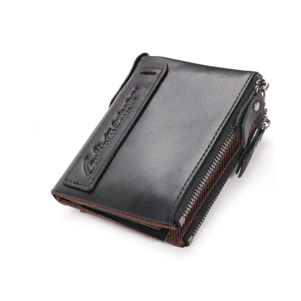 Retro Style Top-layer Cowhide Leather Card Slots Holder Purse Zipper Short Wallet - Black-2