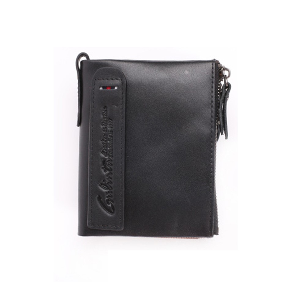 Retro Style Top-layer Cowhide Leather Card Slots Holder Purse Zipper Short Wallet - Black-3