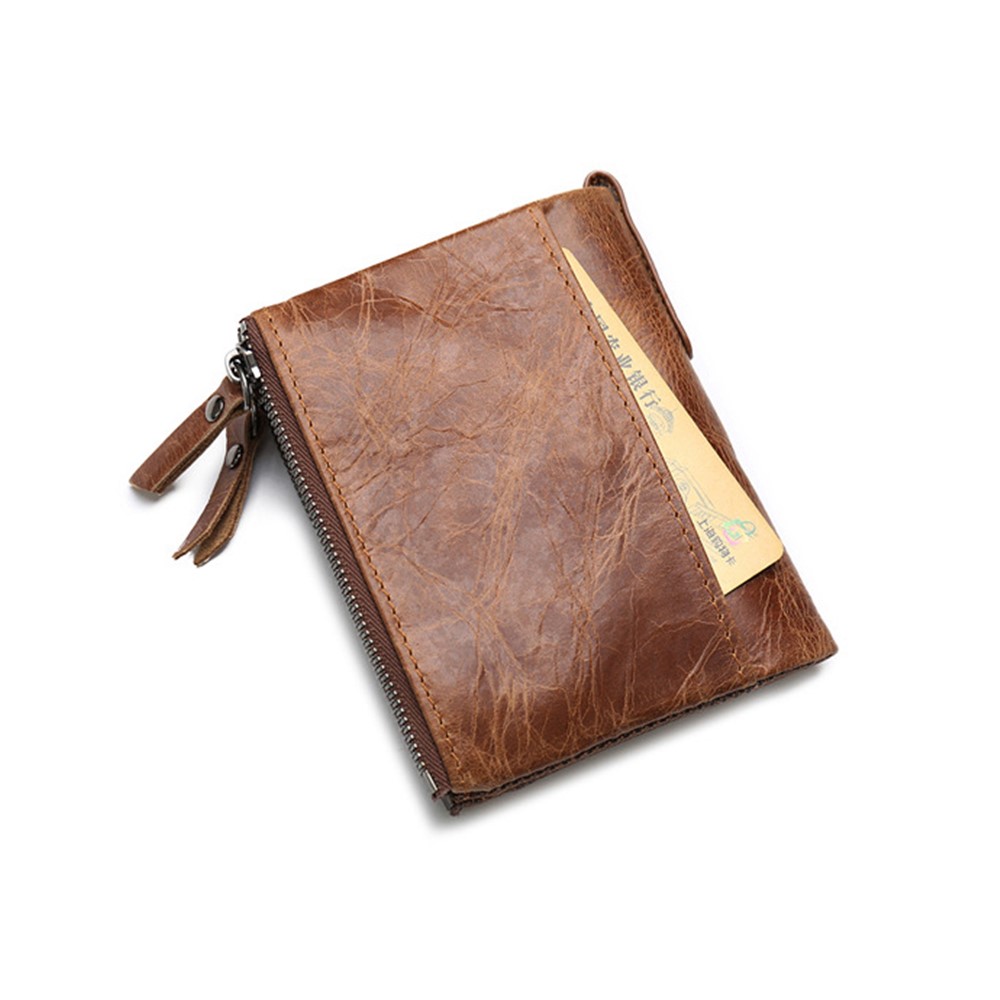Retro Style Top-layer Cowhide Leather Crazy Horse Grain Card Slots Coin Purse Zipper Wallet - Coffee-2