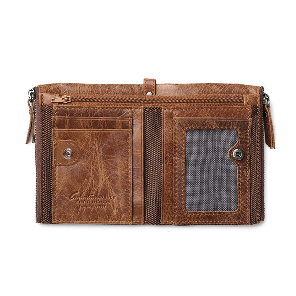 Retro Style Top-layer Cowhide Leather Crazy Horse Grain Card Slots Coin Purse Zipper Wallet - Coffee-4