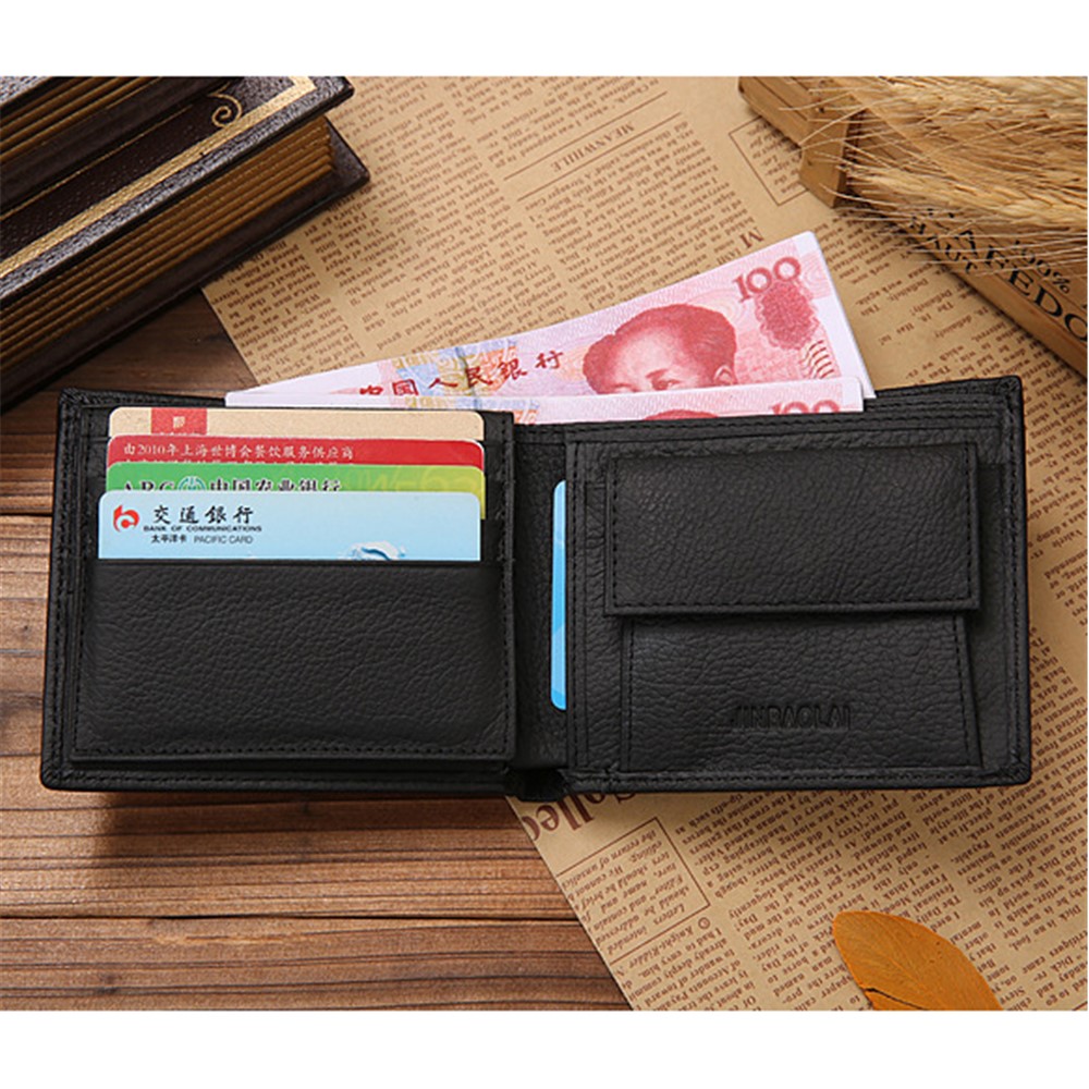JINBAOLAI Top Layer Cowhide Leather Card Slots Bi-fold Wallet Coin Purse for Men - Black-2