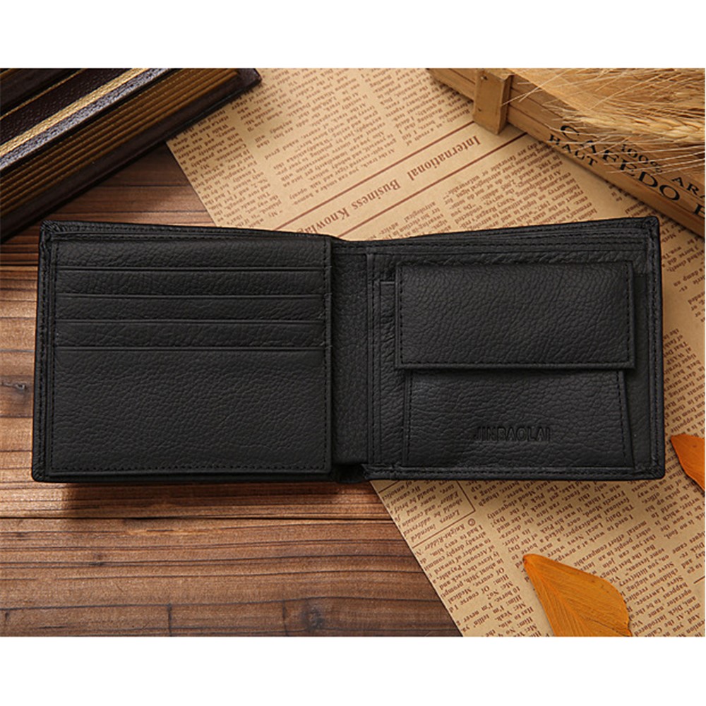 JINBAOLAI Top Layer Cowhide Leather Card Slots Bi-fold Wallet Coin Purse for Men - Black-3