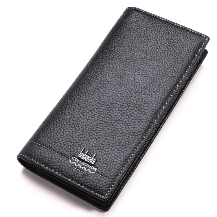 JINBAOLAI Vintage Litchi Texture Top Layer Cowhide Leather Long Wallet for Men - Black-1