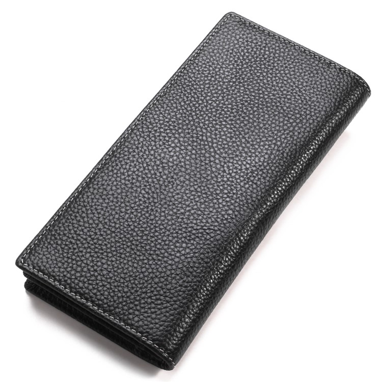 JINBAOLAI Vintage Litchi Texture Top Layer Cowhide Leather Long Wallet for Men - Black-2