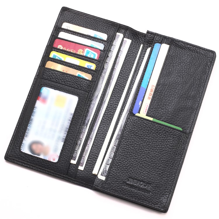 JINBAOLAI Vintage Litchi Texture Top Layer Cowhide Leather Long Wallet for Men - Black-3