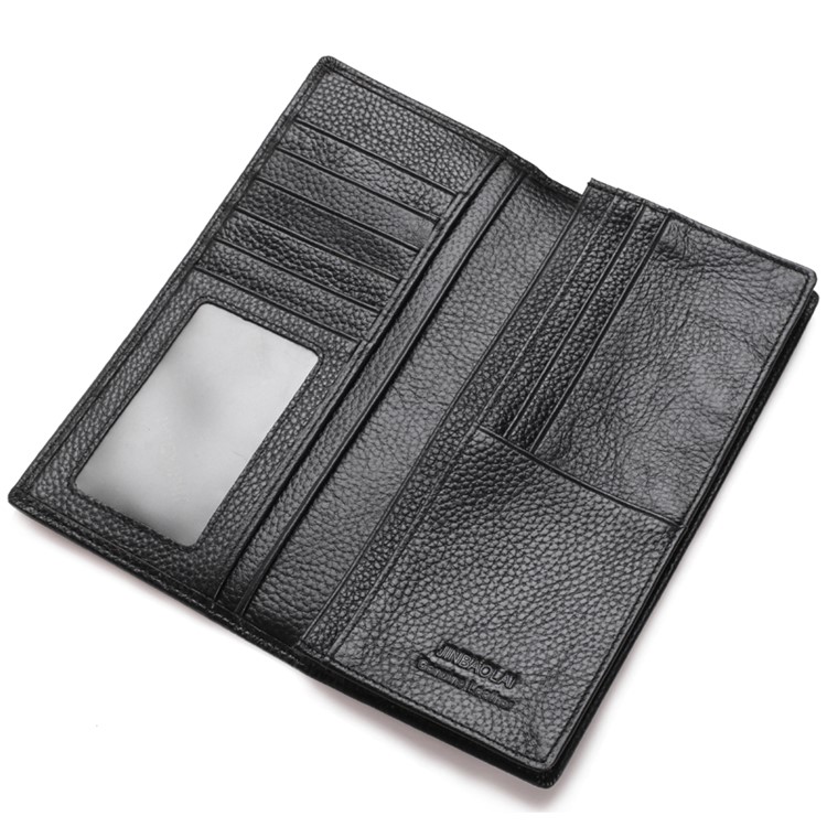 JINBAOLAI Vintage Litchi Texture Top Layer Cowhide Leather Long Wallet for Men - Black-4