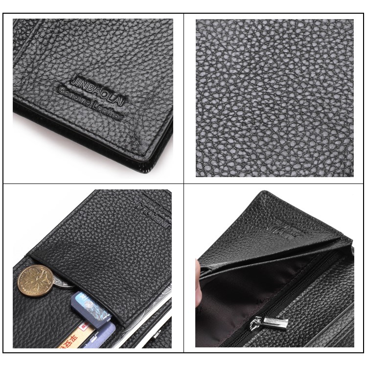 JINBAOLAI Vintage Litchi Texture Top Layer Cowhide Leather Long Wallet for Men - Black-6