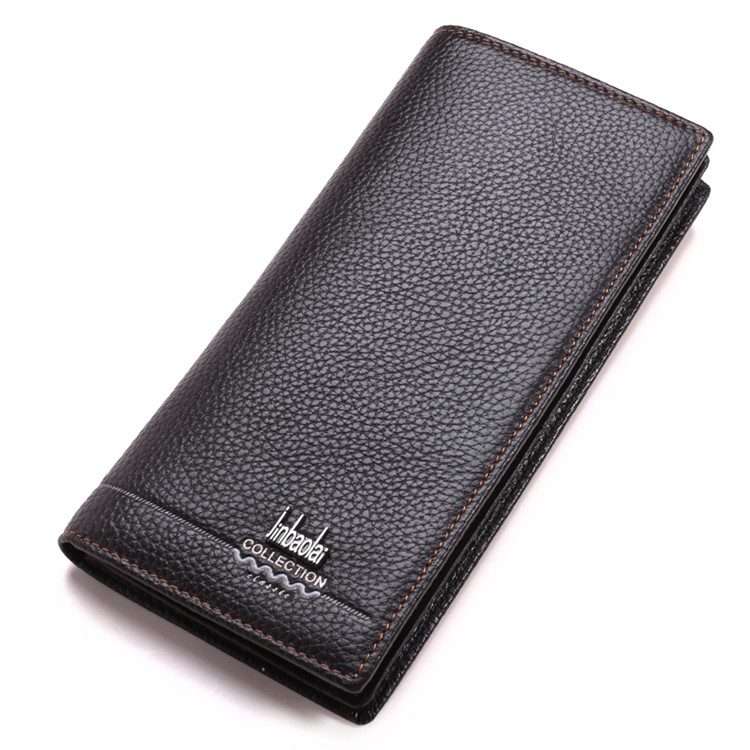 JINBAOLAI Men's Vintage Litchi Grain Top Layer Cowhide Leather Long Purse - Coffee-1