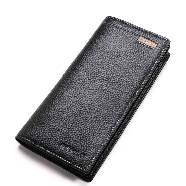 JINBAOLAI Retro Style Litchi Texture Top Layer Cowhide Leather Long Wallet for Men - Black-1