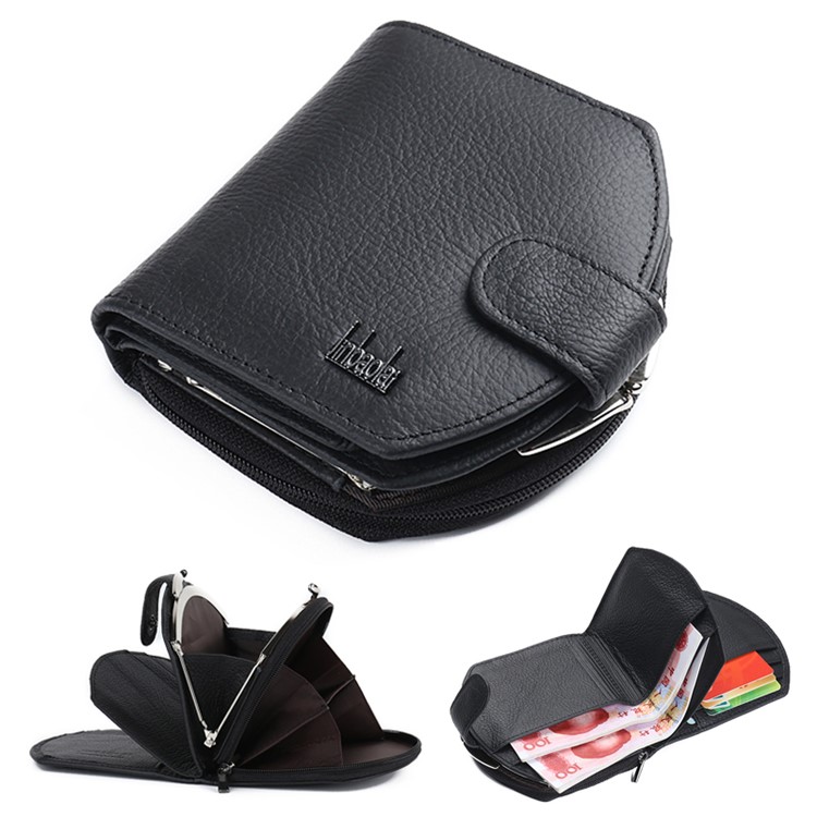 Women Tri-fold Genuine Leather Short Wallet Card Slot Organizer - Black-1