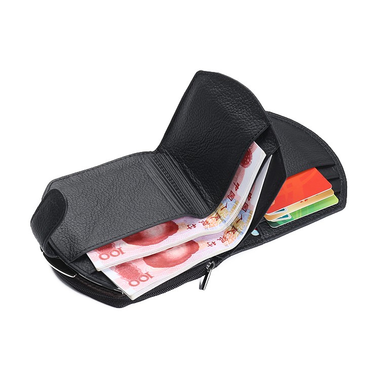 Women Tri-fold Genuine Leather Short Wallet Card Slot Organizer - Black-7