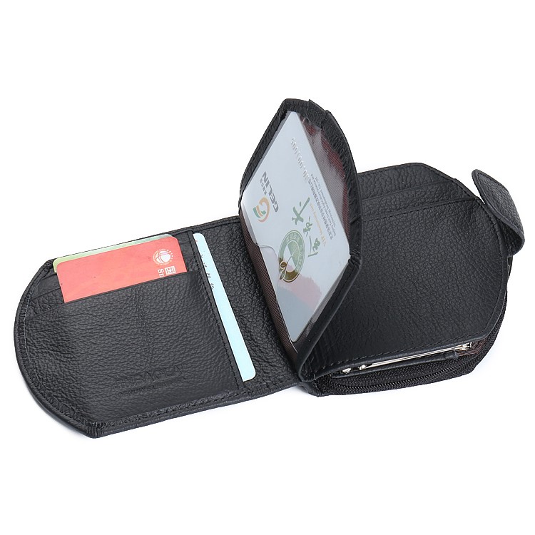 Women Tri-fold Genuine Leather Short Wallet Card Slot Organizer - Black-8