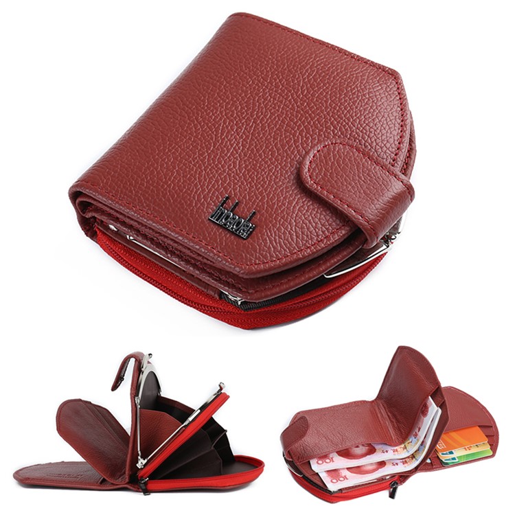 Tri-fold Genuine Leather Short Wallet Purse Card Slot Organizer for Women - Red-1