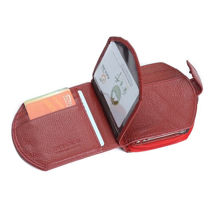 Tri-fold Genuine Leather Short Wallet Purse Card Slot Organizer for Women - Red-3