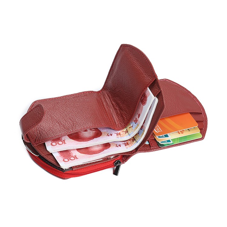 Tri-fold Genuine Leather Short Wallet Purse Card Slot Organizer for Women - Red-4