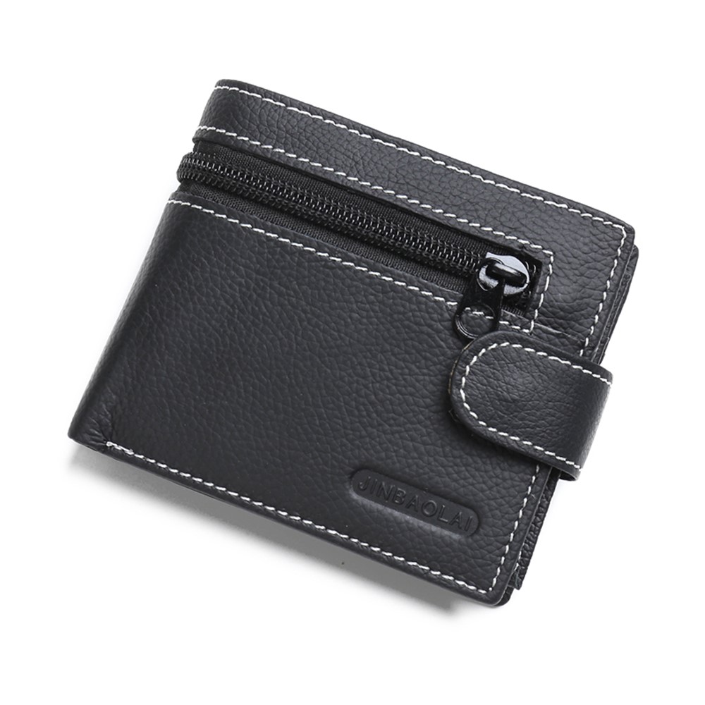 JINBAOLAI Genuíno Couro Bolsa Bi-fold Cartões De Negócios Casuais Carteira Para Homens - Preto-1
