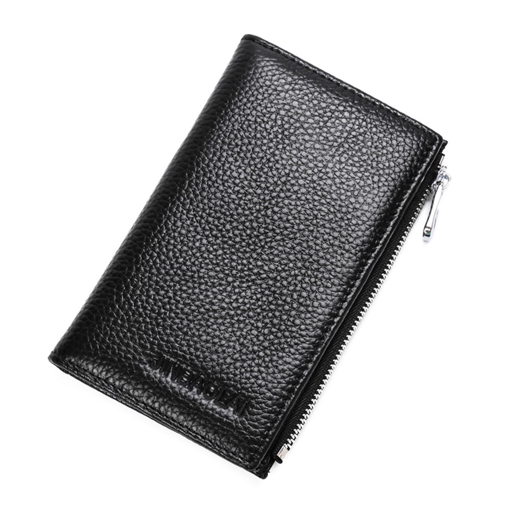 JINBAOLAI Vintage Litchi Texture Genuine Leather Zippered Wallet for Men - Black-1