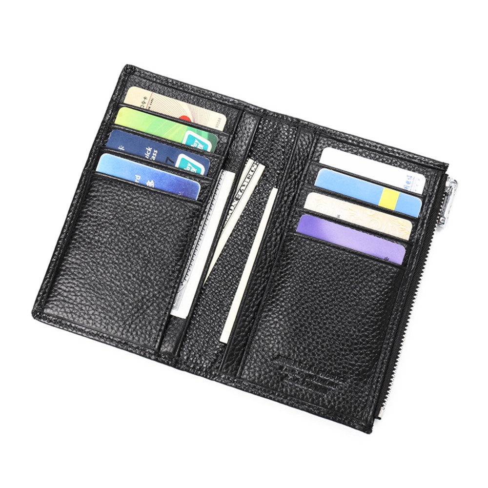 JINBAOLAI Vintage Litchi Texture Genuine Leather Zippered Wallet for Men - Black-10