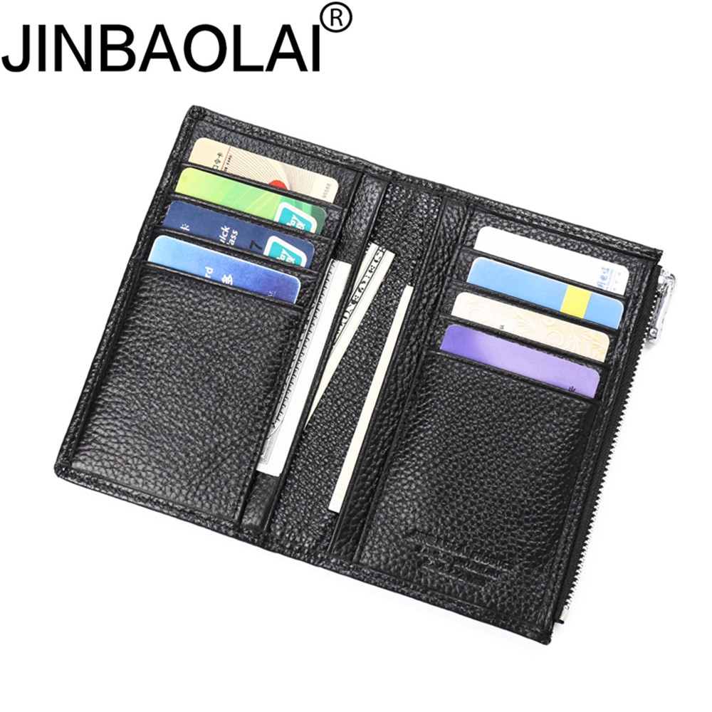 JINBAOLAI Vintage Litchi Texture Genuine Leather Zippered Wallet for Men - Black-11