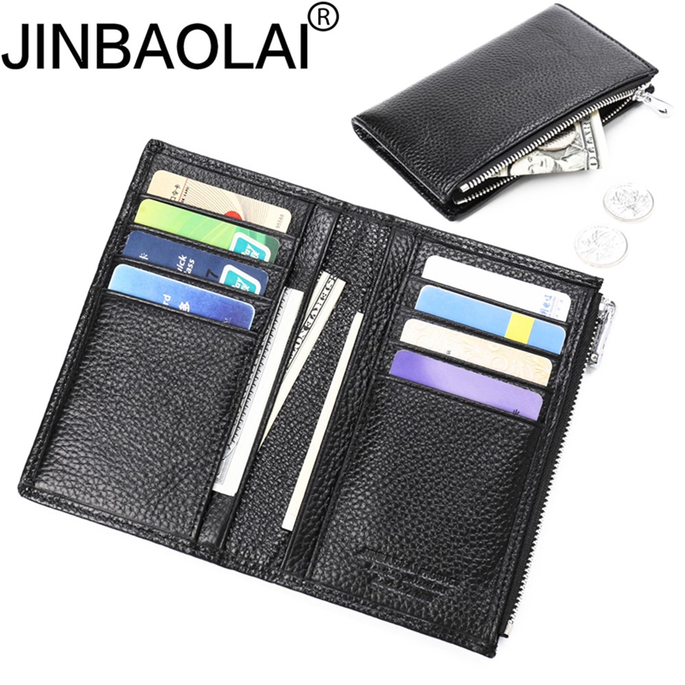 JINBAOLAI Vintage Litchi Texture Genuine Leather Zippered Wallet for Men - Black-12