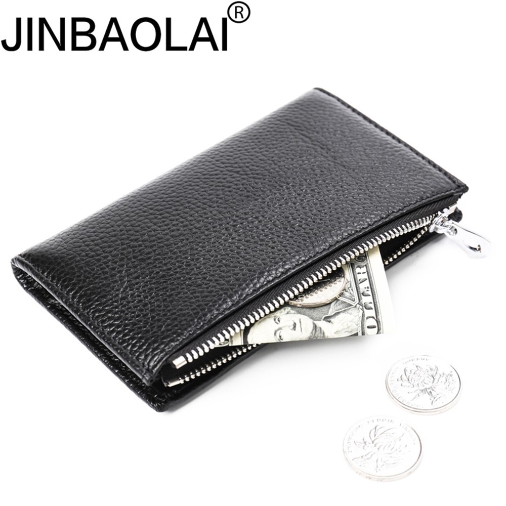 JINBAOLAI Vintage Litchi Texture Genuine Leather Zippered Wallet for Men - Black-15