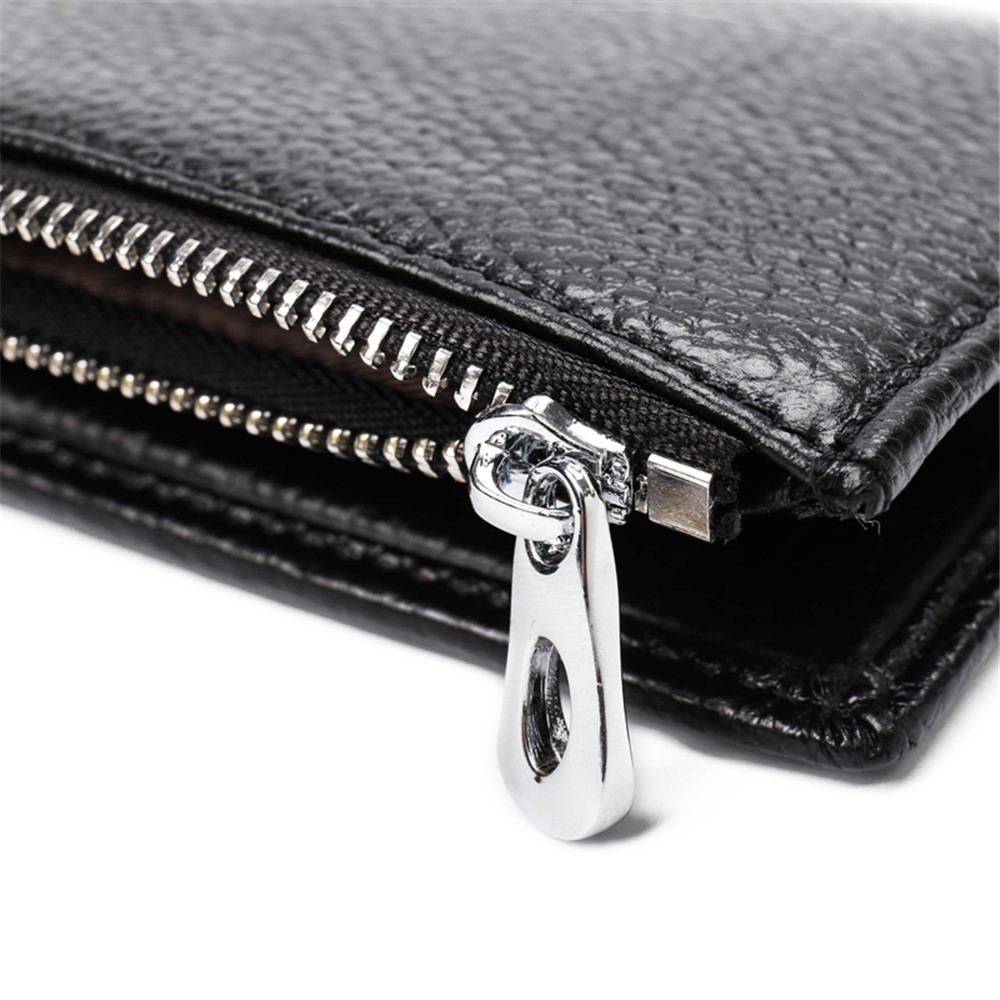 JINBAOLAI Vintage Litchi Texture Genuine Leather Zippered Wallet for Men - Black-16