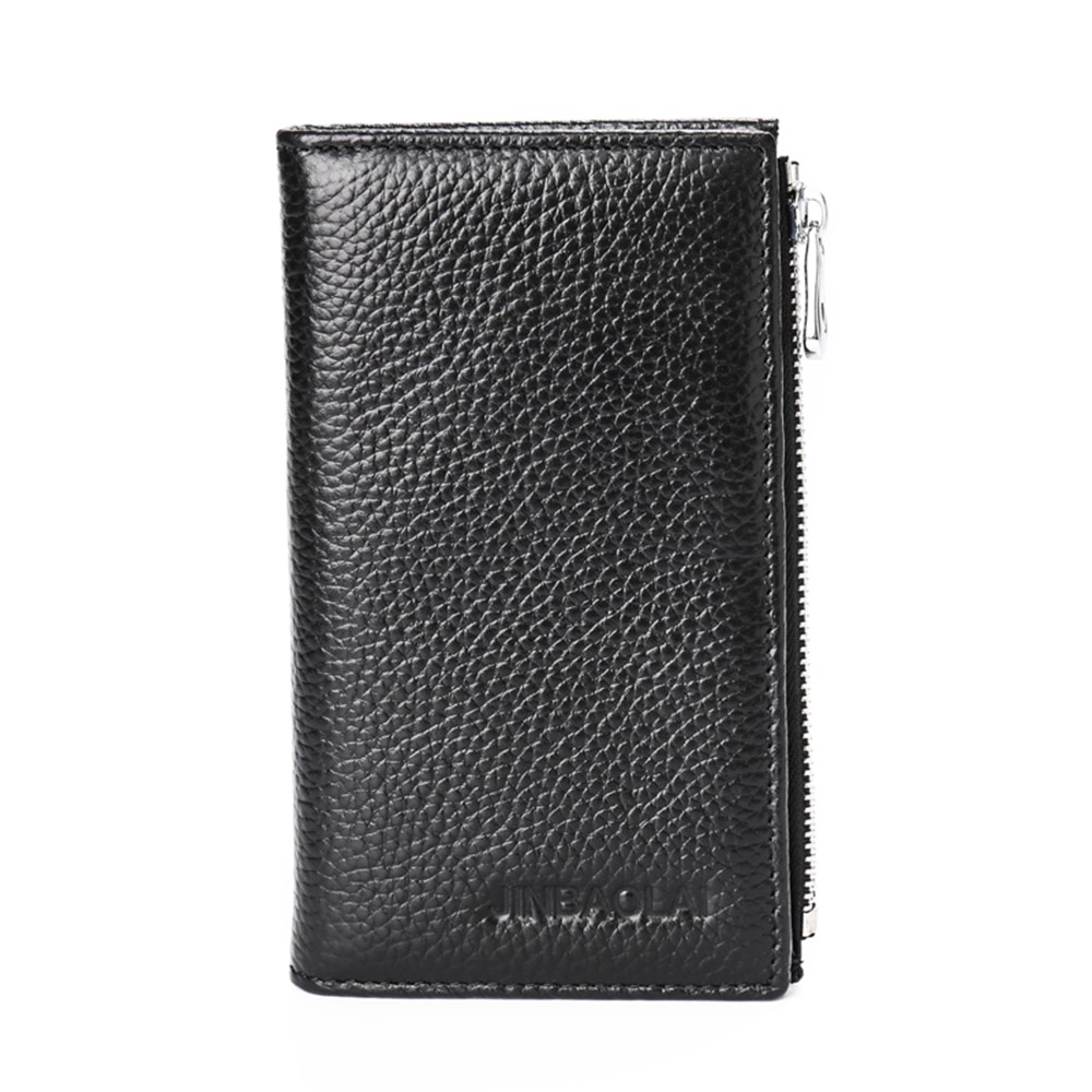 JINBAOLAI Vintage Litchi Texture Genuine Leather Zippered Wallet for Men - Black-2