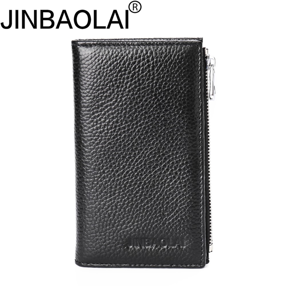 JINBAOLAI Vintage Litchi Texture Genuine Leather Zippered Wallet for Men - Black-3