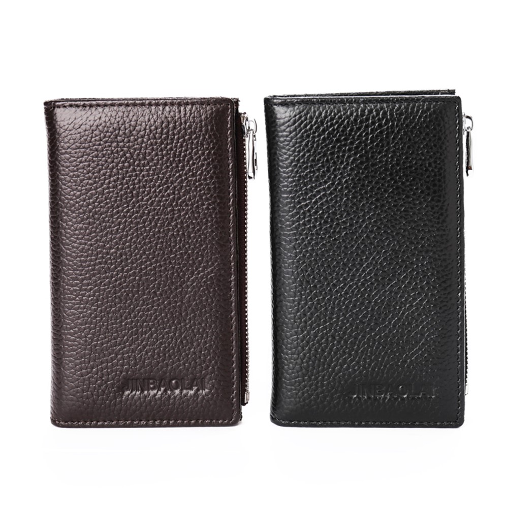 JINBAOLAI Vintage Litchi Texture Genuine Leather Zippered Wallet for Men - Black-4