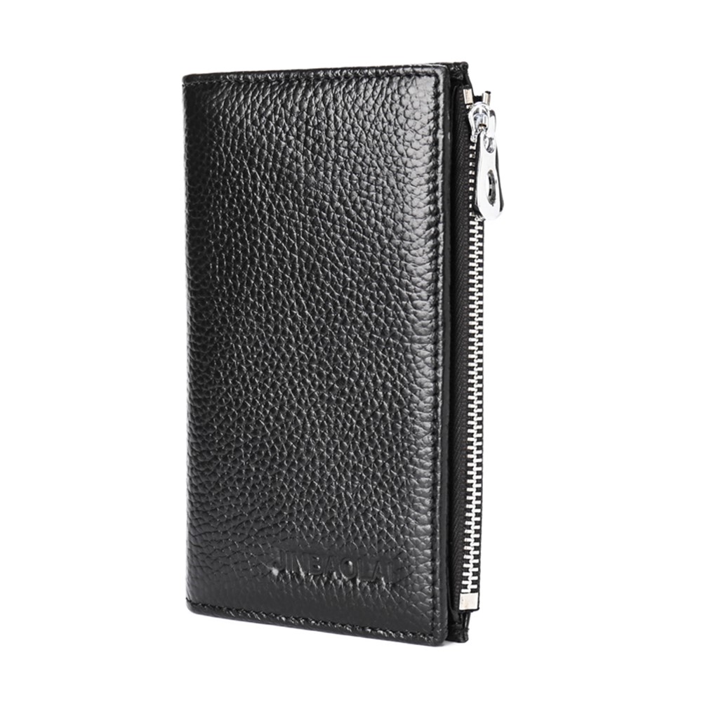 JINBAOLAI Vintage Litchi Texture Genuine Leather Zippered Wallet for Men - Black-6