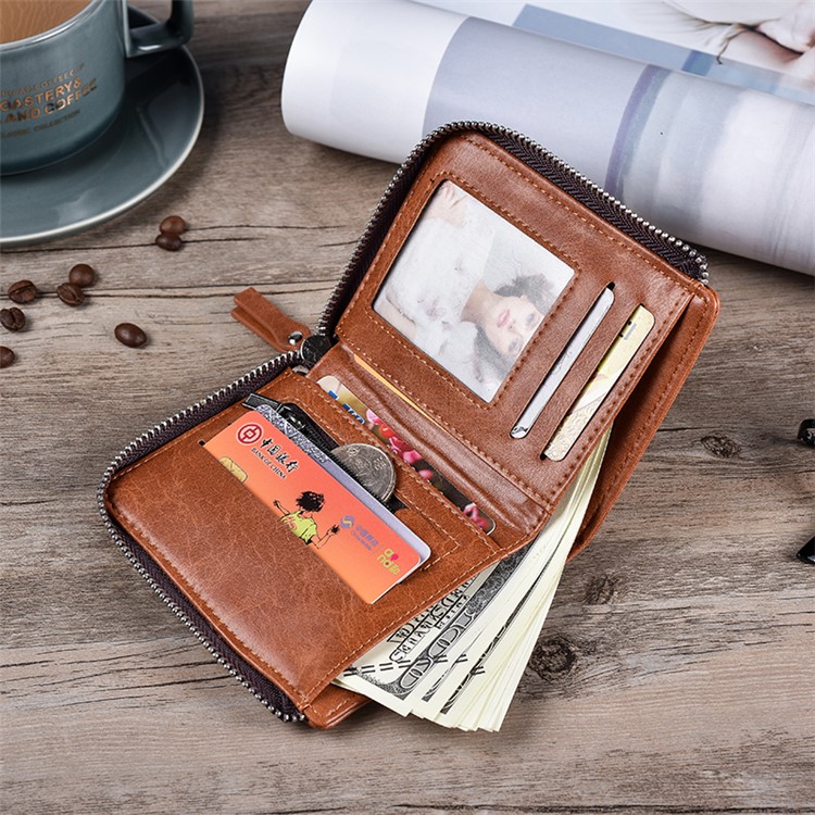 Casual Sac De Cartes En Cuir De Bourse De Portefeuille Hommes Fermeture À Glissière - Marron-5