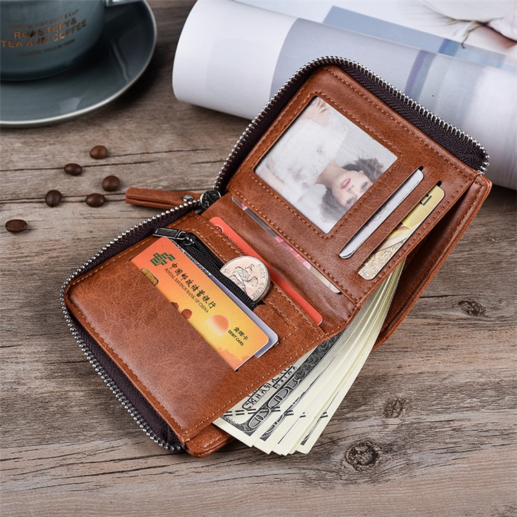 Casual Sac De Cartes En Cuir De Bourse De Portefeuille Hommes Fermeture À Glissière - Marron-6