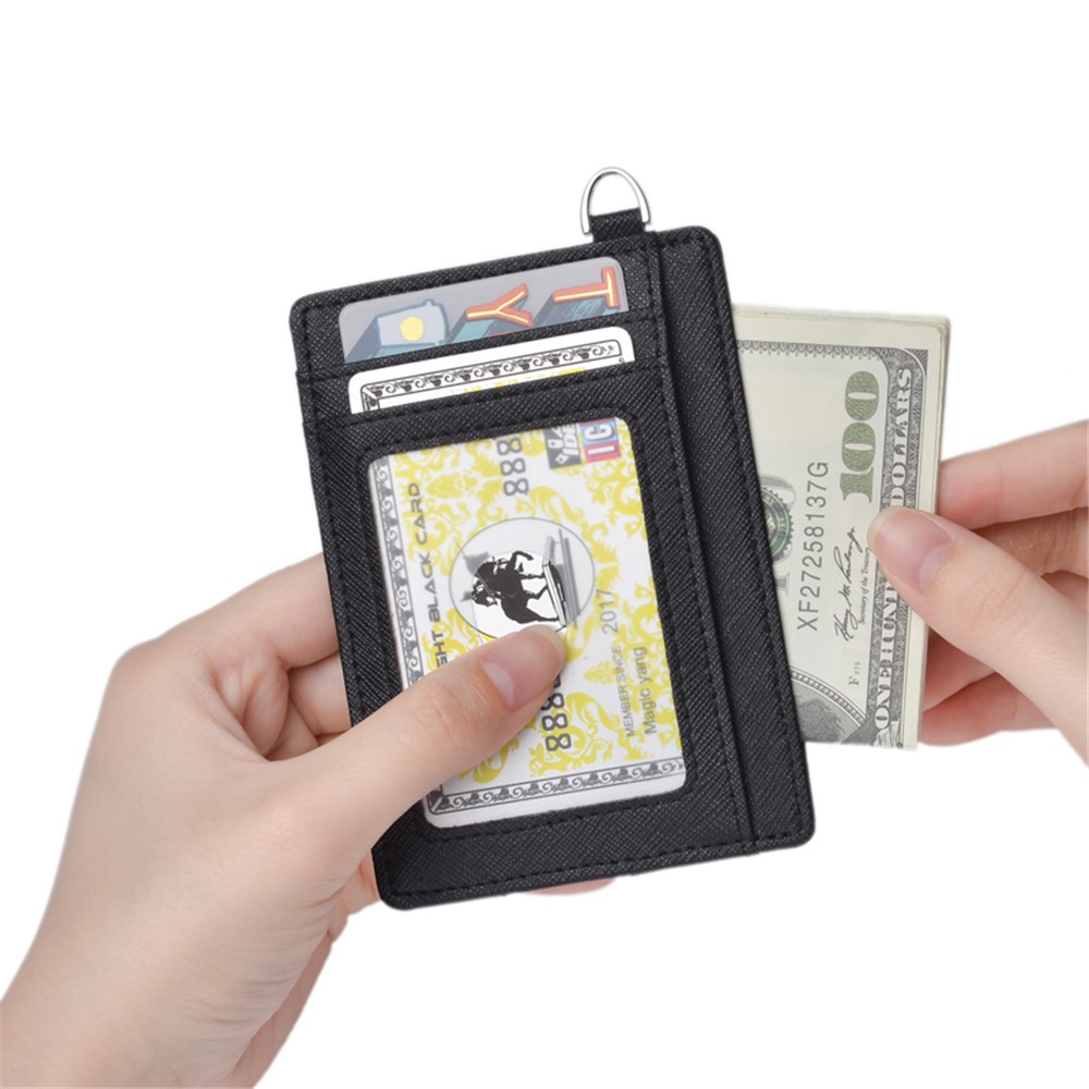 Cross Skin Anti-magnetic RFID ID Card Bank Card Anti-Theft Swiping Wallet Pocket Bus Card Bag with Ring - Black-3