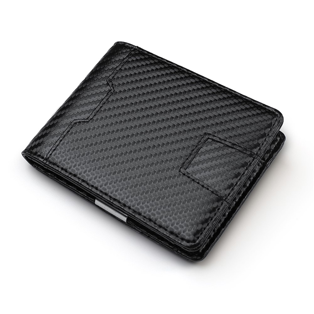 Carbon Fiber Texture Genuine Leather RFID Blocking Card Holder Bi-fold Wallet-1