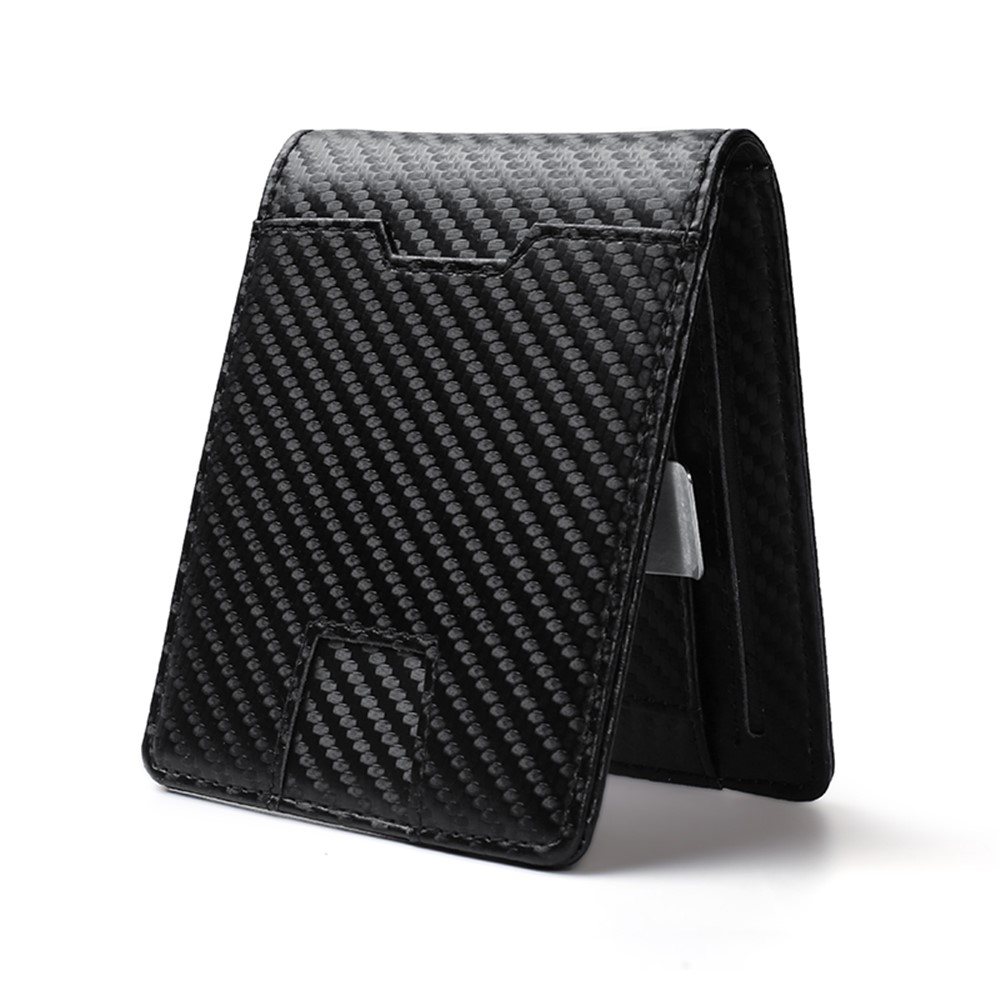 Carbon Fiber Texture Genuine Leather RFID Blocking Card Holder Bi-fold Wallet-3