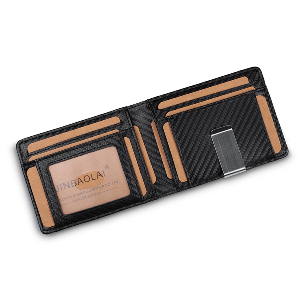 Carbon Fiber Texture Genuine Leather RFID Blocking Card Holder Bi-fold Wallet-5