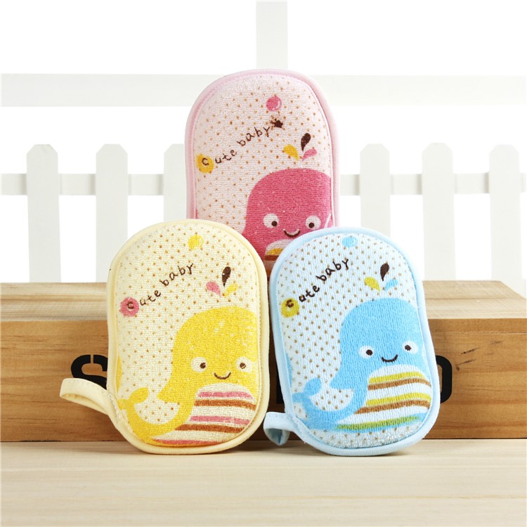 Cartoon Pattern Soft Pure Cotton Newborn Bath Brush Baby Bath Foam Rub Shower Sponge - Dolphin / Pink-2