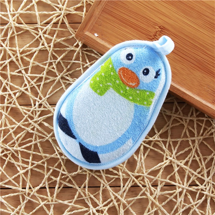 Cartoon Pattern Soft Pure Cotton Baby Newborn Bath Foam Shower Rub Sponge - Penguin / Blue-1