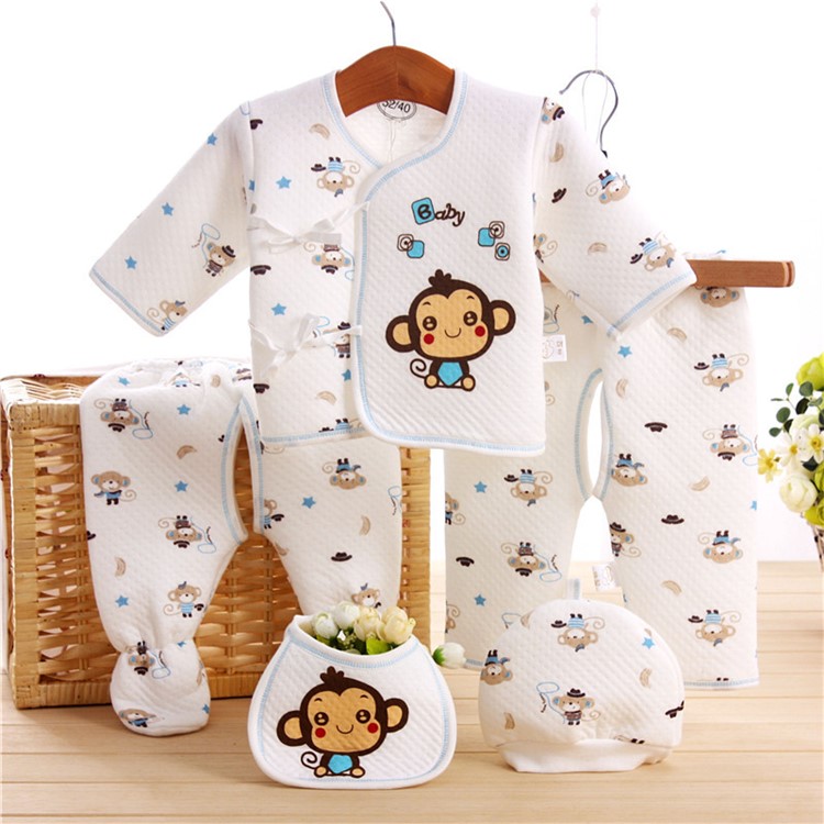 5-in-1 Toddler Newborn 0-3M Boys Girls Baby Cotton Clothes Tops Hat Pants Sleepwear Suit Outfit Set - Blue-1